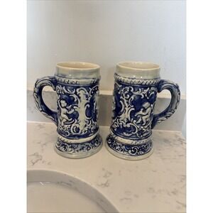 Vintage Cobalt Beer Stein Set Gerz-style Unmarked‎ Victorian Couple Cherubs EUC